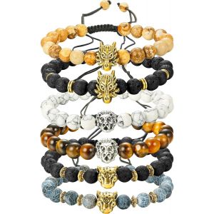 Pack De 6 Mens Dragon/Lion/Panther Charm Perle Bracelet Naturel De La Roche De Lave De Pierre Bracelet, 8mm - Neuf