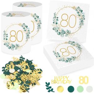 20 Pi&iquest;&iquest;ces Serviettes 80e Anniversaire+12 Pi&iquest;&iquest;ces Photophores D&iquest;&iquest;corations de Table pour 80 Anniversaire, Confettis 80e Anniversaire, Serviette Eucalyptus Homme Femme 80 Anniversaire Decoration - Neuf