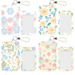 Lot de 4 porte-cartes photo avec porte-cl&eacute;s En plastique rigide Avec motif floral Pour carte de bus, carte d'&eacute;tudiant, carte bancaire, porte-badge - Neuf