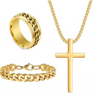 Kal-Ensemble Collier Avec Pendentif En Forme De Croix Cubaine En Acier Inoxydable Pour Homme - Chaîne Cubaine - Bague Tournante Vintage - Cadeau Pour Homme - Anniversaire Noël - Neuf