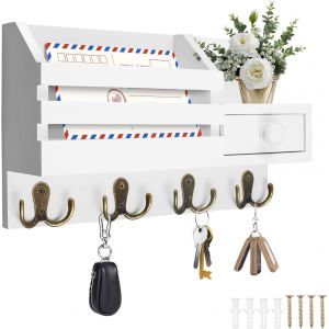 Cauc-Porte-Cl&eacute;s En Bois Avec 4 Crochets Doubles - Crochet Mural D&eacute;coratif Avec &Eacute;tag&egrave;re - &Eacute;tag&egrave;re Murale En Bois - Avec Rangement Pour Couloir, Entr&eacute;e, Salon - Blanc - Neuf