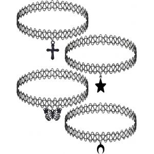 Kal-4 Pièces Collier Élastique Collier Ras Du Cou Noir Collier De Tatouage Tendance Avec Pendentif Pour Femmes Filles Adolescent Cadeau - Neuf