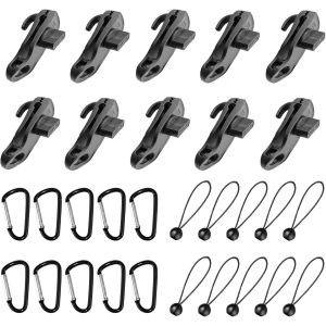 Set Of 30 Tent Tarp Clips,10 Tarp Clips+10 Bungees Tent Ropes + 10 Carabiner Clips,Heavy Duty Tarp Clips For Tents,Outdoor Camping - Neuf