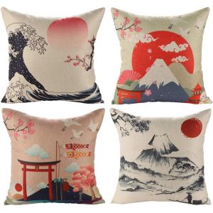 Japonais Fuji Ukiyo-E Housse De Coussin Avec Taie D'oreiller Décor Pour Canapé-Lit-Auto À La Maison 45x45cm Ensemble De 4pcs (Style Japonais A) Japonais De L'ukiyo-E De Style D - Neuf