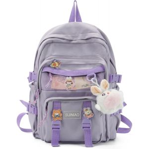 KALANKA-Sacs à Dos pour Enfant avec Pendentifs et Badges Grande Sacs portés Dos Fille Sac à Dos Nylon Adolescent Cartable Multi-Poches(Violet) - Neuf