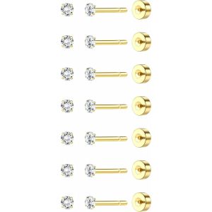 Kal-7 Paires Threadless Boucles D'oreilles Femme Homme Acier Inoxydable 2-8 Mm Cz Boucles D'oreilles Plaqué Or 18k Piercing Cartilage Hélix Tragus Piercing Oreille Dos Plat Boucles D'oreilles - Neuf