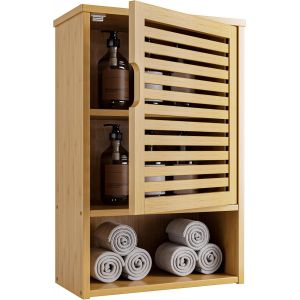 JEXNOVASHOP-Armoire Murale de Salle de Bain, Armoire &agrave; Pharmacie en Bambou avec Porte Simple et &eacute;tag&egrave;re r&eacute;glable, Rangement Suspendu au-Dessus des Toilettes pour la Salle de Bain, Le Salon, Naturel - Neuf