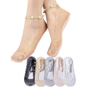 5 Paires Chaussette Invisible Femme Basse Soie Glac&eacute;e Socquettes Courtes Silicone Anti-D&eacute;rapant Dentelle Tulle Avec Lacet Elastique Perles Pour Sport Yoga Ballerine A:Perle S - Neuf