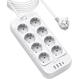 Multiprise Parasurtenseur,Bloc Multiprise 8 Prises avec 4 Ports USB Chargeur (3 USB A+1 USB C) Prise Multi Parasurtenseur Parafoudre et Surtension avec Interrupteur Cable 5M-Blanc - Neuf