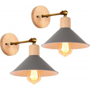 2 packs Appliques Murales Interieur Modernes Lampe Murale Industrielles en M&eacute;tal Spots muraux Design Ajustable Luminaire E27 &oslash;22cm pour Chambre S&eacute;jour Cuisine (Gris-avec bois) - Neuf