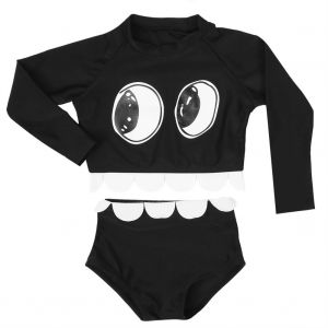 Maillot De Bain 2 Pieces Pour Bebe Fille, Motif Grands Yeux, Haut A Manches Longues Et Pantalon Taille Haute (Noir, Taille S) - Neuf