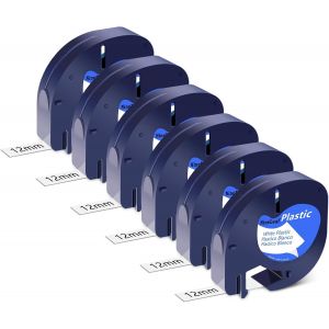 6X Compatible pour Dymo Letratag Plastique 91221/91201 Noir sur Blanc Recharge Dymo Ruban pour Etiqueteuse 12mm x 4 m Dy mo Etiqueteuse Ruban pour LT-100H LT-100T LT-110T 200B XR XM - Neuf