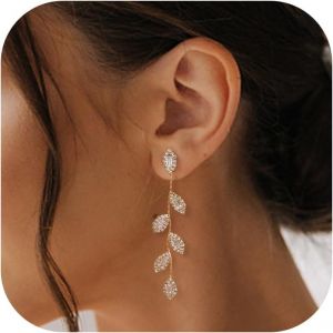 Boucles D'oreilles Femme Hypoallergénique Tige En Argent 925 Boucles D'oreilles Femme Pendantes Longue Feuille Avec Zircone Strass Bijoux Femme Fille Boucles D'oreilles Femme Argent Or.[X671] - Neuf