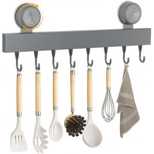 Cmwx-Barre Cuisine Ustensile Avec Ventouse, Support Ustensiles Cuisine Avec 8 Crochets, Porte Ustensiles Cuisine Mural En Acier Au Carbone, 20 Kg Capacité, Pour Salle De Bain, Salon, Gris - Neuf