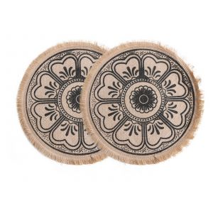 Lot De 2 Sets De Table Ronds En Jute Tiss&eacute;, 41 Cm, Motif Floral Noir - Neuf