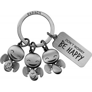 KAL-Porte-Clés Ange Gardien Happy Trio Avec Gravure U2013 Cadeau Ange Porte-Bonheur Motivation U2013 Don'T Worry Be Happy - Neuf
