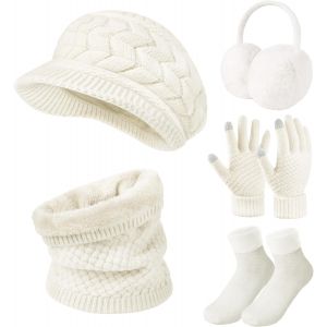 Tricot&eacute;s Ensemble Bonnet Femme &Eacute;charpe Gants Set 5 Pi&egrave;ces Cache Oreilles Femme Chaussettes Foulards Tricot&eacute;s Ensemble De Ski Sports D&iquest;Hiver De Femmes Hiver Chaud Chauffant Doublure Doux - Neuf