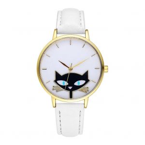 Gaiety Pu Strap Montre Mignon Chat Motif Rond Bo&icirc;tier Analogique Quartz Montre-Bracelet Blanc - Neuf