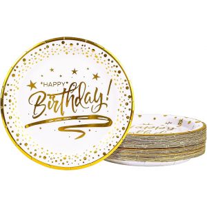 Kalanka-50 Pièces Assiette Jetable Anniversaire 23cm, Blanc Assiettes En Carton Vaisselle Jetable Anniversaire Pour Barbecue Anniversaire Fête Douche De Bébé Mariages (Anniversaire Blanc, 23cm) - Neuf