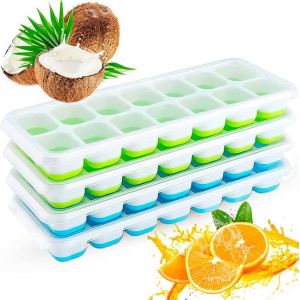 Bacs À Glaçons Avec Couvercles - Silicone À Démoulage Facile - Bleu/Vert - 56 Moules À Glaçons - Whisky, Cocktails, Glaces, Congélateur, Boissons - Bébé - Lot De 4 - Neuf
