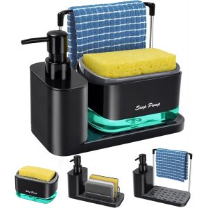 KAL-Ensemble De Distributeur De Savon De Cuisine Avec Plateau Et Porte-Éponge, Distributeur De Savon À Vaisselle Et Distributeur De Savon Pour Les Mains Avec Porte-Torchon 5 En 1, Organiseur De Range - Neuf