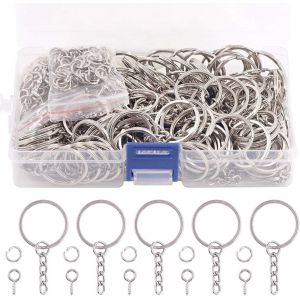 Gjhgf-Lot De 450 Anneaux De Porteclés Plats Argentés De 20 Mm Y Compris 150 Anneaux De Porteclés Fendus Avec Chaîne Et 150 Anneaux Ouverts Avec 150 Tiges À Vis En Vrac Pour La Fabrication De Bijoux - Neuf