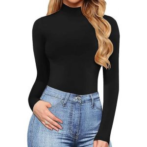 Femmes Mock Turtle Neck Long Sleeve Tops Body Jumpsuit (Noir,Grand) - Neuf