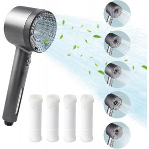 TRUST-Pommeau de Douche Haute Pression, Cinq Niveaux Réglables Pommeau de Douche, Avec Fonction D'Arrêt Pommeau Douche, Pommeau de Douche Economie Deau, Livré Avec 4 Morceaux Coton Filtre (Noir) - Neuf