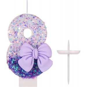 Eryi-Bougies Anniversaire, 7,3cm Violet Bougie Chiffre Noeud 0-9 Paillettes Décorations De Gâteau Avec Paillettes Pour Anniversaire Mariage Anniversaire Fête Pâtisserie Célébrations (Numéro 8) - Neuf