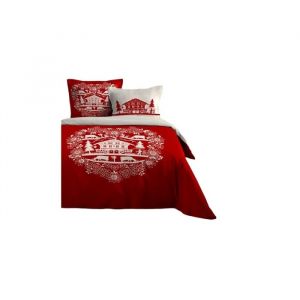 Housse De Couette Et Taie - Chalet De Valloire - Esprit Montagne - Coton 240 X 260 Cm - Rouge - Neuf