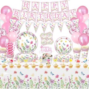 LETNERNY-167 Paquet Fleur De Printemps Décorations De Fête Vaisselle Florale Assiettes Ballons Décorations Anniversaire Bébé Mariage Garden Tea Party 20 Personnes - Neuf
