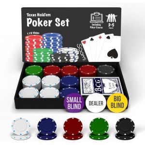 Mdy-Jeu De Poker 110 Jetons Pour 2-4 Joueurs - Kit Complet Avec Bouton De Donneur, Grande Et Petite Blind - Neuf