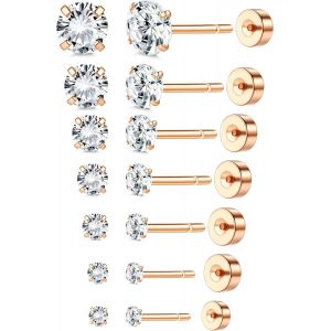 Kal-7 Paires Threadless Boucles D'oreilles Femme Homme Acier Inoxydable 2-8 Mm Cz Boucles D'oreilles Plaqué Or 18k Piercing Cartilage Hélix Tragus Piercing Oreille Dos Plat Boucles D'oreilles - Neuf
