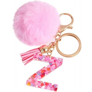 KAL-Porte-Clés Rose Avec Lettre Porte-Clés Fille Initiale Cadeau Femmes Porte-Clés Boule De Poils Décorer Pour Sac Sac À Dos Porte-Clef Gland Or Porte-Clef Femme - Neuf