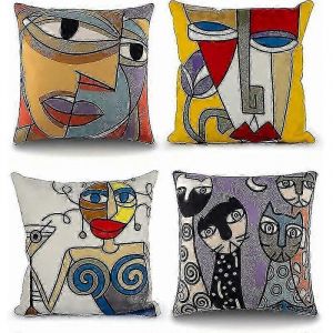 Lot De 4 Housse De Coussin Picasso 45x45 Cm Coton Brodé Lin Canapé Housses De Coussins Salon Scandinave Décoration Chambre Lit Bureau Fauteuil D - Neuf