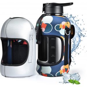 Shiba-Gourde Sport 2.2l Avec Paille, Grande Bouteille D'eau Réutilisable Gourde Motivation Avec Manchon Isotherme Pour Randonnée F[3 - Neuf
