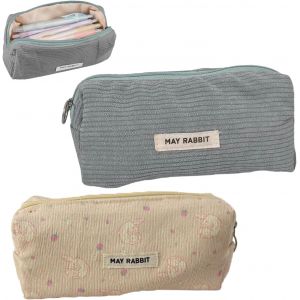 ERYI-2 Pièces Trousse Scolaire À Crayons Velours Côtelé Grande Capacité, Sac De Rangement Portable Trousse, Simple Trousse À Crayons Zippée, Trousse Ecole Pour Fille Garçon (Bleu-Gris+Lapin Rose) - Neuf