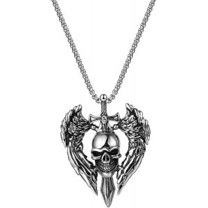 Kal-Cha&icirc;ne Pour Homme Avec Pendentif T&ecirc;te De Mort En Acier Inoxydable Argent&eacute; Avec Cr&acirc;ne Ailes D'ange Gothique Punk Cha&icirc;nes Squelette Halloween D&eacute;coration Cadeau Pour Homme, Acier Inoxydable - Neuf
