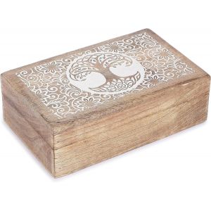 Tianyi-Boîte De Rangement De Bijoux Décorative En Bois Sculpté À La Main, Motif Arbre De Vie Porte Bijoux Polyvalent Coffre Au Trésor Boîte De Rangement Meilleur Cadeau - 8x5 Pouces - Neuf