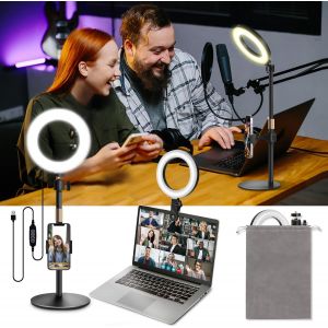 LORANKA-Ring Light avec Tr&eacute;pied et Clip 6" Anneau Lumineux de Table avec Support et Support de T&eacute;l&eacute;phone Lumi&egrave;re pour Vid&eacute;oconf&eacute;rence Zoom Laptop Computer Monitor Selfie Vlog Live Streaming - Neuf