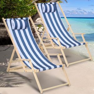 Chiliennes Pliantes R&eacute;glables Chaise Longue Bain De Soleil Avec Accoudoirs Pliante Bois Pliable Bleu Blanc Avec Mains Courantes 2 Pi&egrave;ces - Neuf