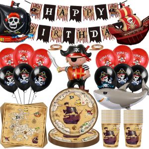 MEVRONISSHOP-Lot de 80 d&eacute;corations de f&ecirc;te d'anniversaire pirates avec grand bateau pirate - Ballons en aluminium - Assiettes en carton de pirates - Tasses - Banni&egrave;re - Ballons pirates - D&eacute;coration s - Neuf
