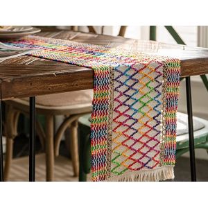 Chemin De Table En Coton Et Lin 200x30cm Avec Pompons - Neuf