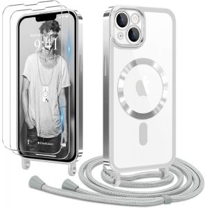 Kal-Coque Pour Iphone 13/Iphone 14 Avec Cordon De Collier + 2×Verre Trempé, Coque Transparente Silicone Tpu Bumper Etui Housse Avec Cordon Réglable, Coque Magnétique Pour Iphone 13/14 Argent - Neuf