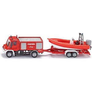 DDA-siku 1636, Unimog de Pompiers avec Bateau, E: 1:87, Métal/plastique, Rouge, bateau flottant - Neuf