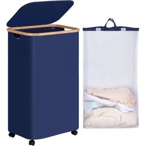 Panier &agrave; Linge sur RouesPanier &agrave; Linge &eacute;troit 75L avec couverclePanier &agrave; Linge Pliable avec Poign&eacute;es en Bambou et sac Amovible pour la Chambrela Salle de Bainla Buanderie - Neuf