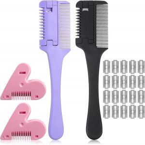 Nsiecd-4 Pi&egrave;ces Peigne A Effiler Les Cheveux, Peigne Tondeuse &Agrave; Cheveux, Comb Rasoir Double Face, Avec 20 Lames De Rechange, Pour Coiffer, &Eacute;claircir Et Tailler - Neuf