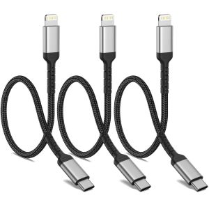 Câble Usb-C À Lightning Court [30 Cm, 3 Pièces], Certifié Mfi, En Nylon, Compatible Avec Iphone 14, 13, 12, 11 Pro Max, Mini, Xs, Xr, X, Se 2020, 8, 8 Plus, 7, 7 Plus, 6S, 6, 5S, 5 - Noir - Neuf