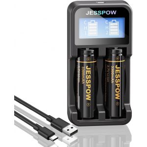 Piles Rechargeables 3.7V avec Chargeur¿3300 mAh Batterie à Dessus Plat Haute Capacité pour Lampes de Poche,Lampe Fronta¿Lumières de Jardin extérieures (Lot De 2) - Neuf