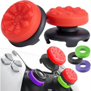 Grip Joystick pour PS5 - FPS Capuchons Joystick pour PS5 & PS4 Accessoires Manette 2 Thumbsticks Grip + 3 Anneaux de Pr&eacute;cision Controller Thumb &agrave; Aide avec Viser R&eacute;duire Pouce Fatigue, Rouge - Neuf